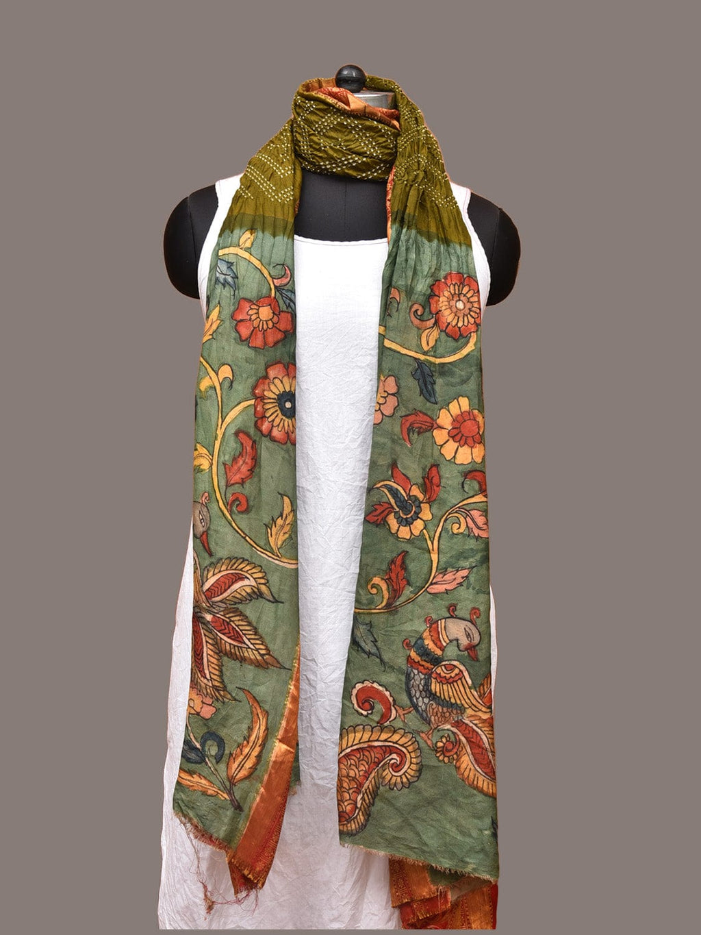Olive and Sea Green Bandhani Kanchipuram Silk Handloom Dupatta with Kalamkari Floral Work Design - Global Threads | Grocsy