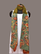 Olive and Sea Green Bandhani Kanchipuram Silk Handloom Dupatta with Kalamkari Floral Work Design - Global Threads | Grocsy