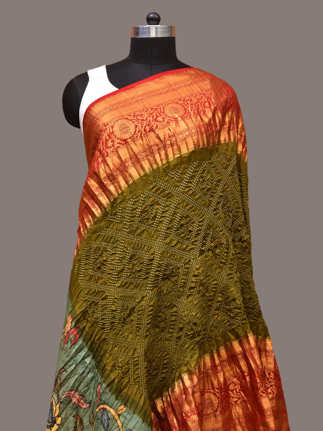 Olive and Sea Green Bandhani Kanchipuram Silk Handloom Dupatta with Kalamkari Floral Work Design - Global Threads | Grocsy