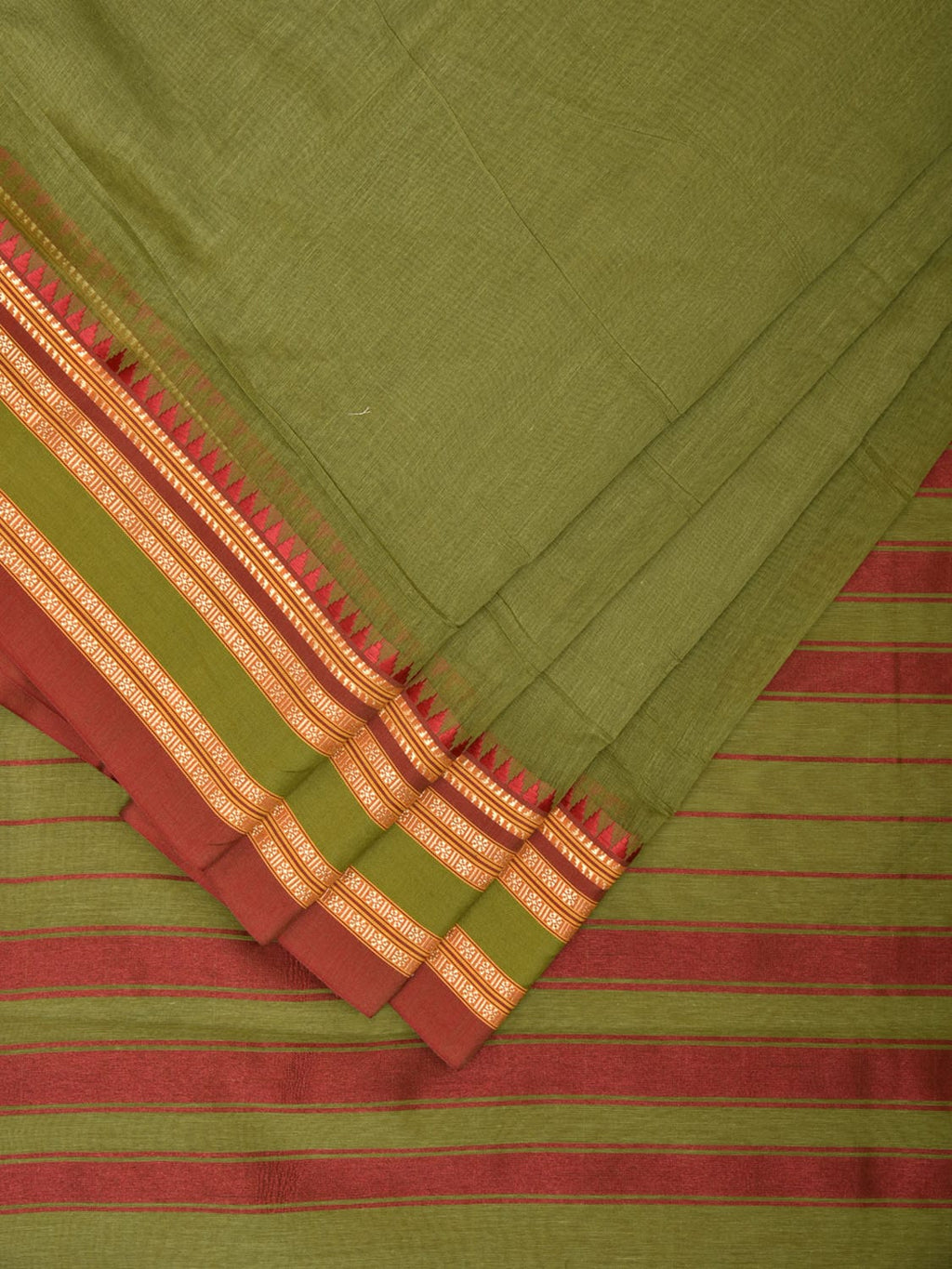 Olive Bamboo Cotton Plain Saree with Temple Border Design - Global Threads | Grocsy
