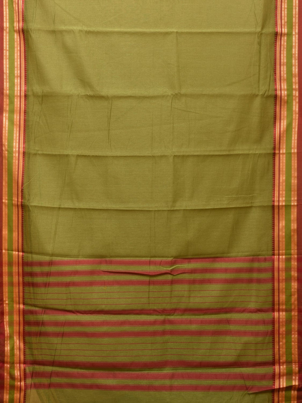 Olive Bamboo Cotton Plain Saree with Temple Border Design - Global Threads | Grocsy