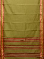 Olive Bamboo Cotton Plain Saree with Temple Border Design - Global Threads | Grocsy