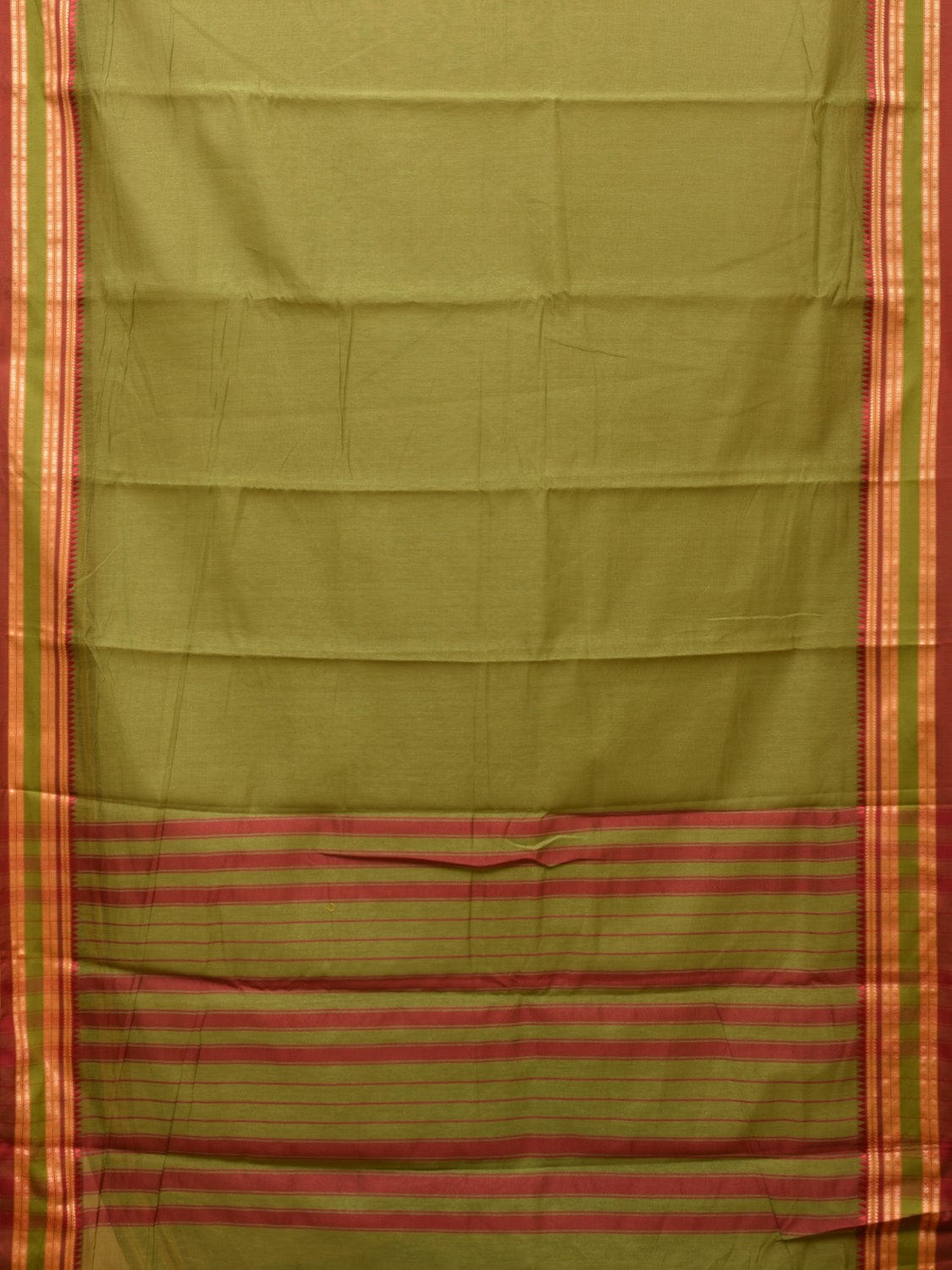 Olive Bamboo Cotton Plain Saree with Temple Border Design - Global Threads | Grocsy