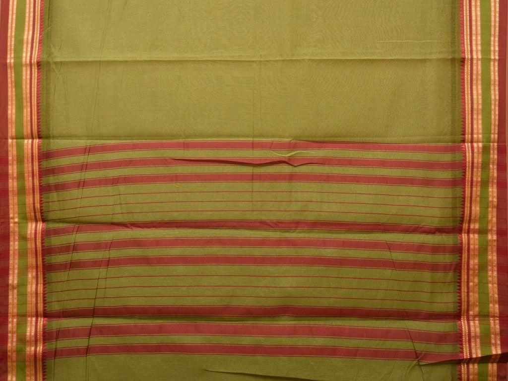 Olive Bamboo Cotton Plain Saree with Temple Border Design - Global Threads | Grocsy