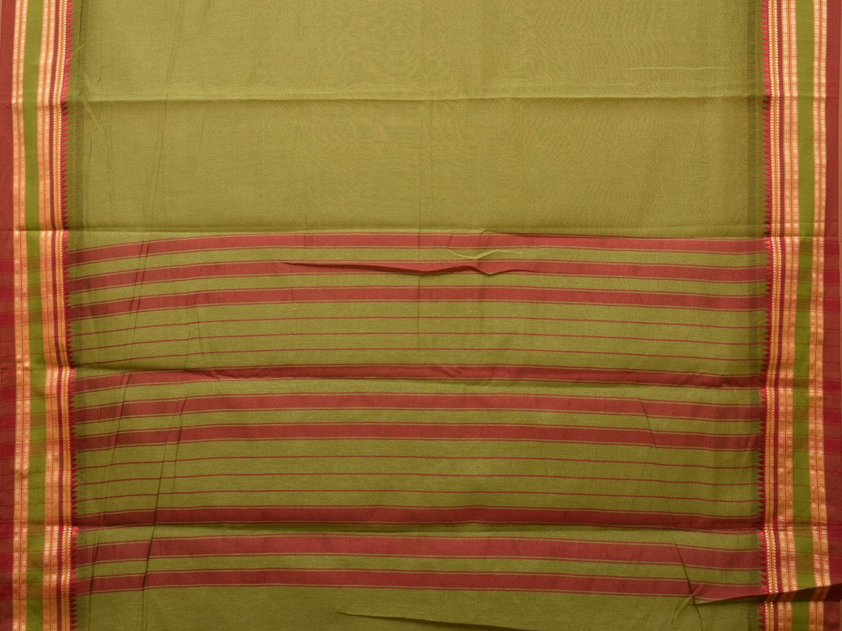 Olive Bamboo Cotton Plain Saree with Temple Border Design - Global Threads | Grocsy