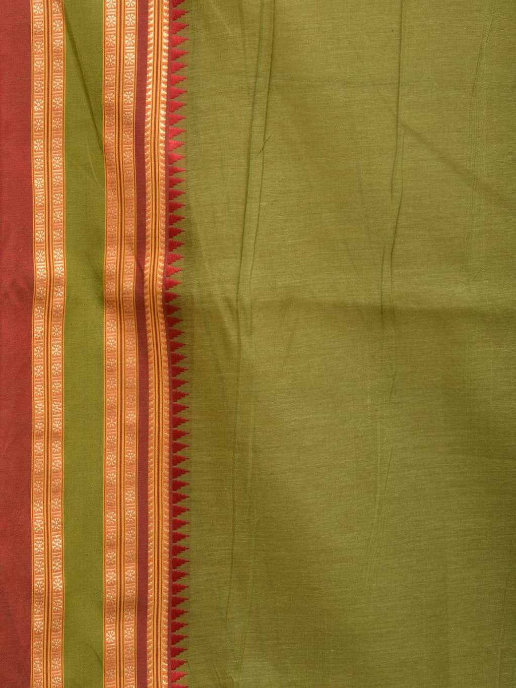 Olive Bamboo Cotton Plain Saree with Temple Border Design - Global Threads | Grocsy