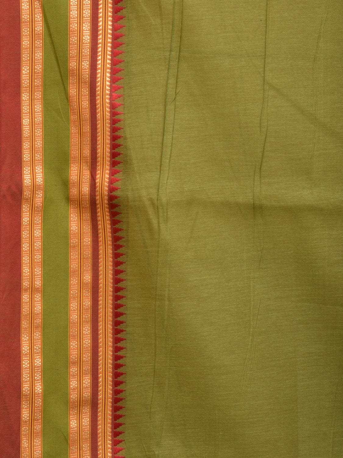 Olive Bamboo Cotton Plain Saree with Temple Border Design - Global Threads | Grocsy