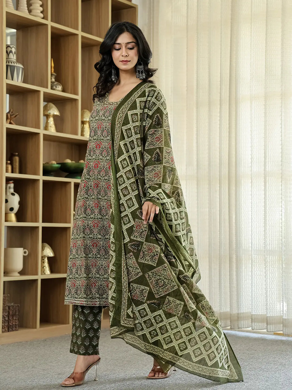 Yufta Olive Green Ethnic Motifs A-Line Kurta Trouser Dupatta Set With Bucket Neck | Grocsy