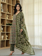 Yufta Olive Green Ethnic Motifs A-Line Kurta Trouser Dupatta Set With Bucket Neck | Grocsy