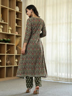 Yufta Olive Green Ethnic Motifs A-Line Kurta Trouser Dupatta Set With Bucket Neck | Grocsy