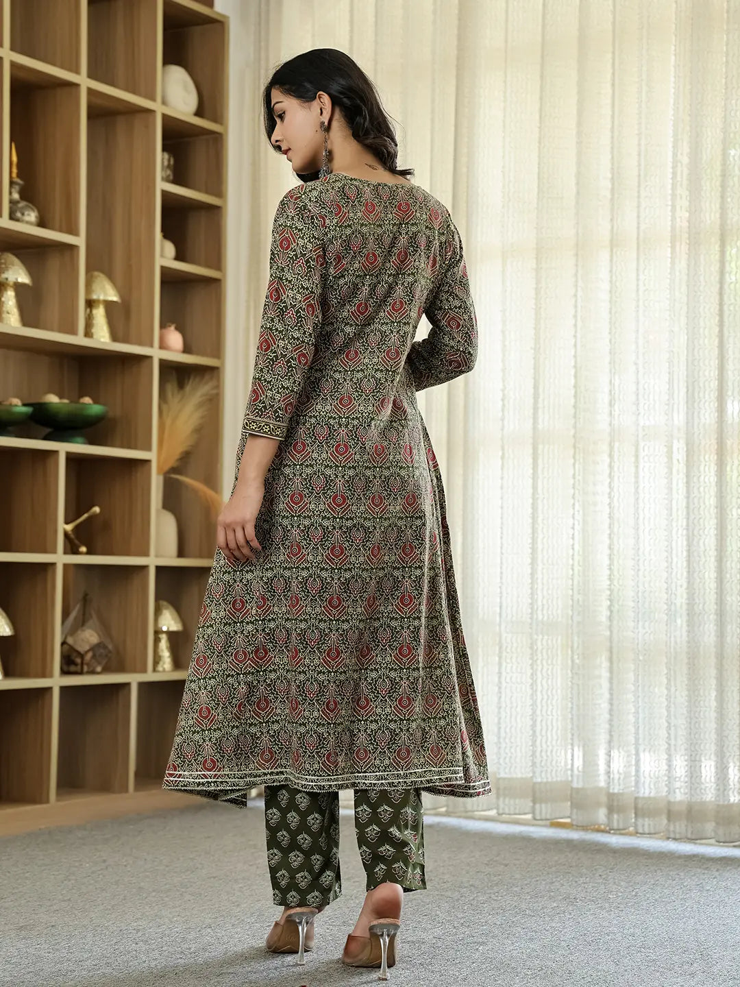 Yufta Olive Green Ethnic Motifs A-Line Kurta Trouser Dupatta Set With Bucket Neck | Grocsy