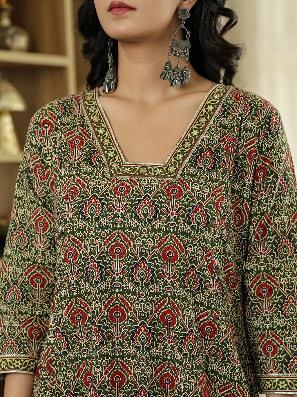 Yufta Olive Green Ethnic Motifs A-Line Kurta Trouser Dupatta Set With Bucket Neck | Grocsy