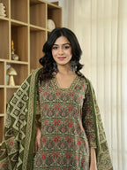 Yufta Olive Green Ethnic Motifs A-Line Kurta Trouser Dupatta Set With Bucket Neck | Grocsy