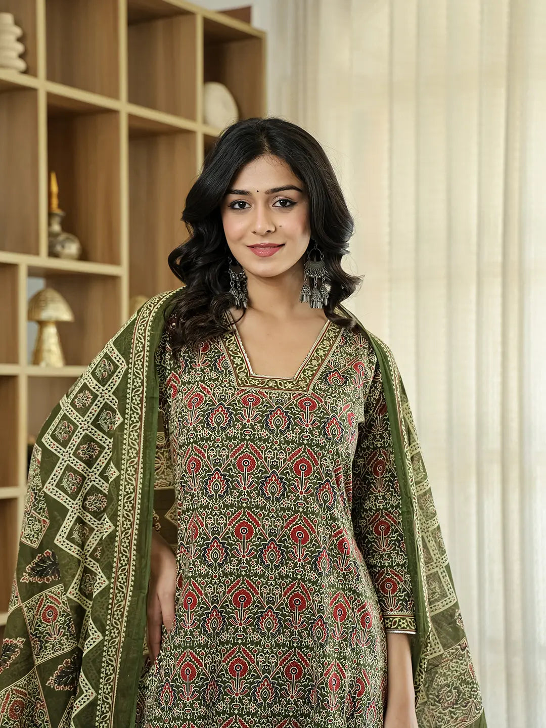 Yufta Olive Green Ethnic Motifs A-Line Kurta Trouser Dupatta Set With Bucket Neck | Grocsy