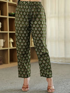 Yufta Olive Green Ethnic Motifs A-Line Kurta Trouser Dupatta Set With Bucket Neck | Grocsy