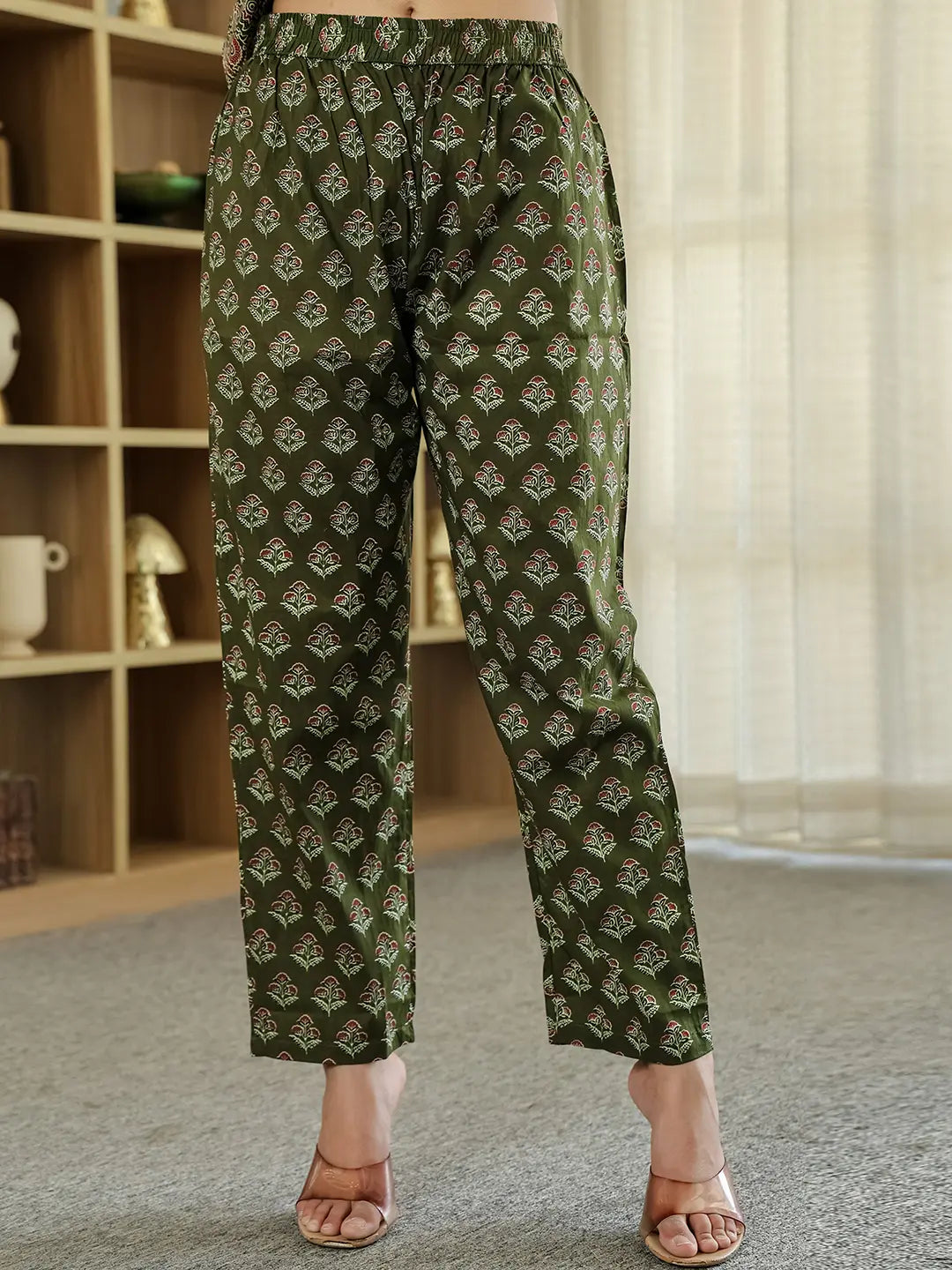 Yufta Olive Green Ethnic Motifs A-Line Kurta Trouser Dupatta Set With Bucket Neck | Grocsy