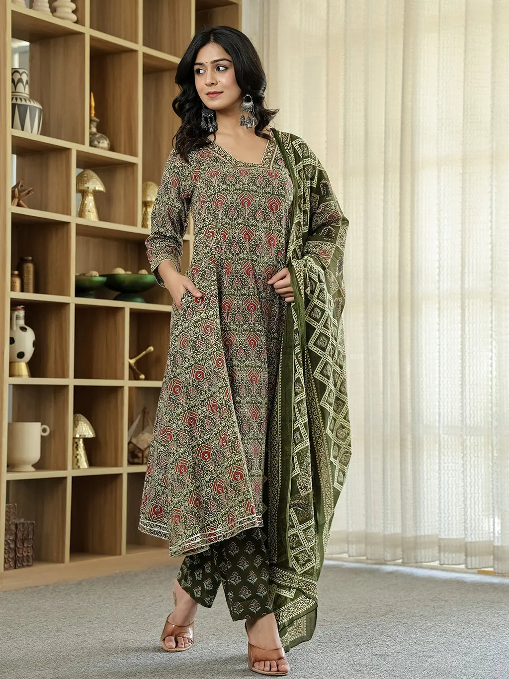 Yufta Olive Green Ethnic Motifs A-Line Kurta Trouser Dupatta Set With Bucket Neck | Grocsy