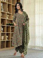Yufta Olive Green Ethnic Motifs A-Line Kurta Trouser Dupatta Set With Bucket Neck | Grocsy