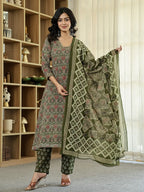 Yufta Olive Green Ethnic Motifs A-Line Kurta Trouser Dupatta Set With Bucket Neck | Grocsy