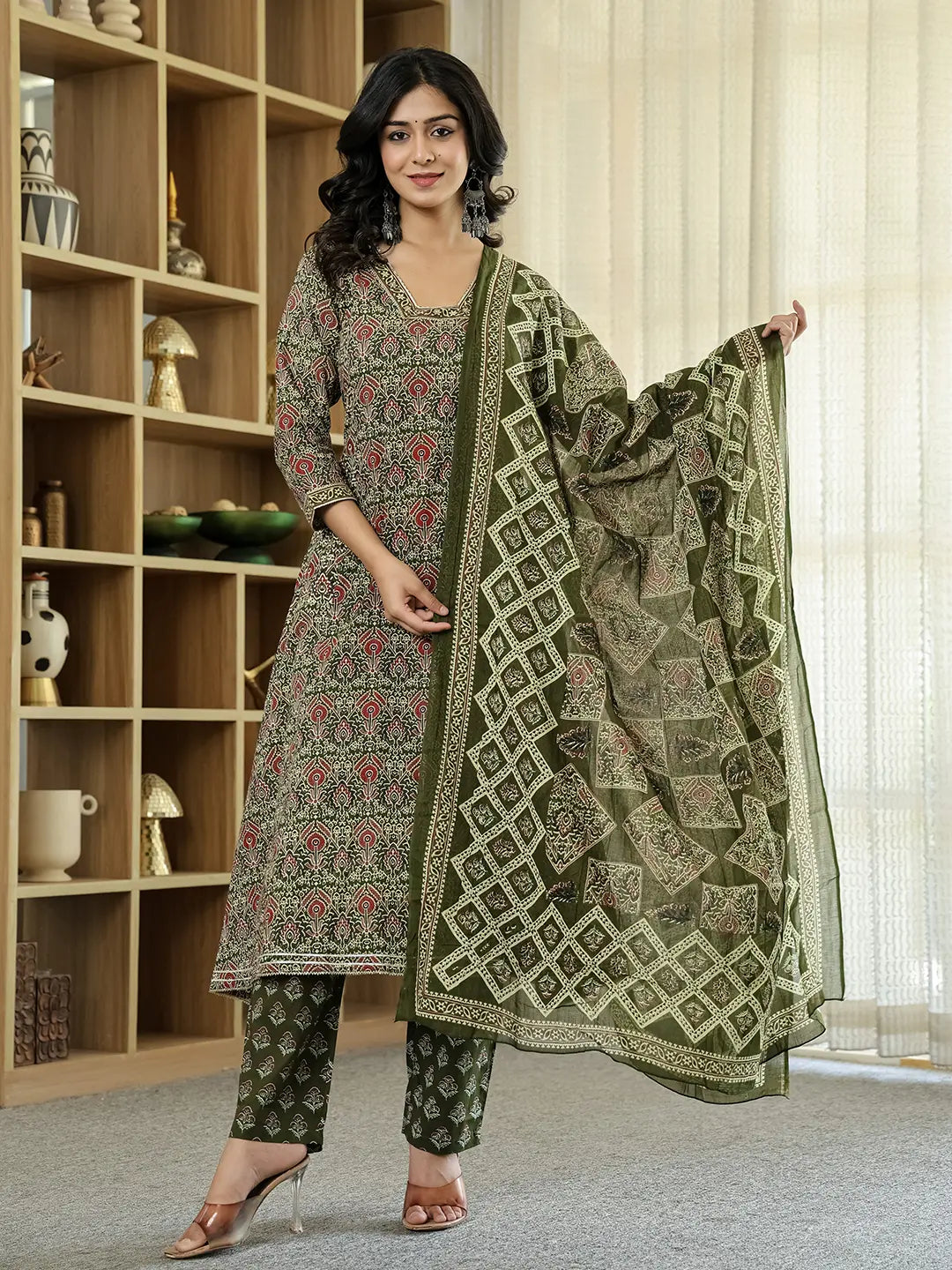 Yufta Olive Green Ethnic Motifs A-Line Kurta Trouser Dupatta Set With Bucket Neck | Grocsy