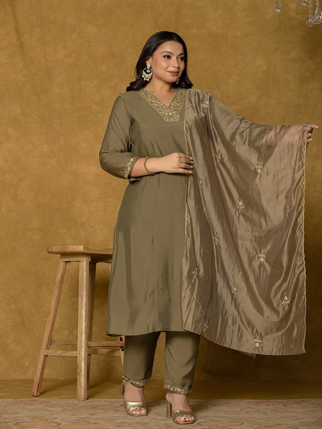 Yufta Olive Green Silk Embroidered Plus Size Kurta Dupatta Set | Grocsy