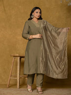 Yufta Olive Green Silk Embroidered Plus Size Kurta Dupatta Set | Grocsy