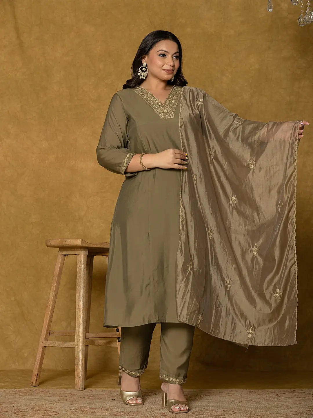 Yufta Olive Green Silk Embroidered Plus Size Kurta Dupatta Set | Grocsy