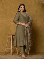 Yufta Olive Green Silk Embroidered Plus Size Kurta Dupatta Set | Grocsy