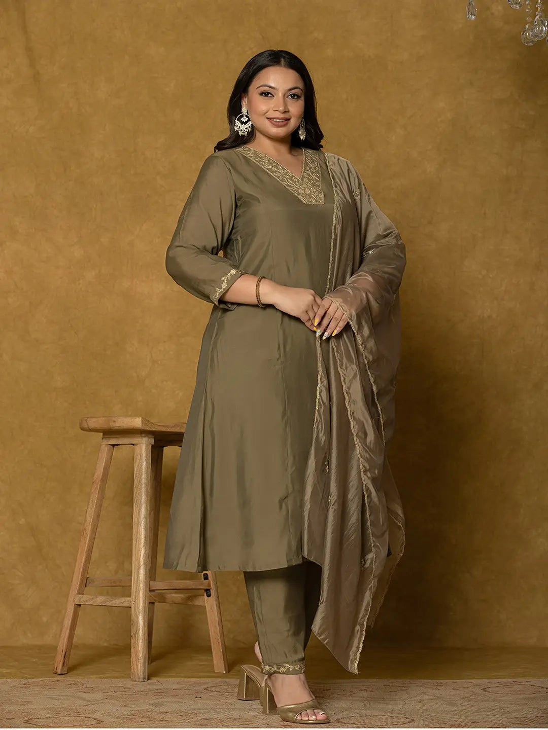 Yufta Olive Green Silk Embroidered Plus Size Kurta Dupatta Set | Grocsy