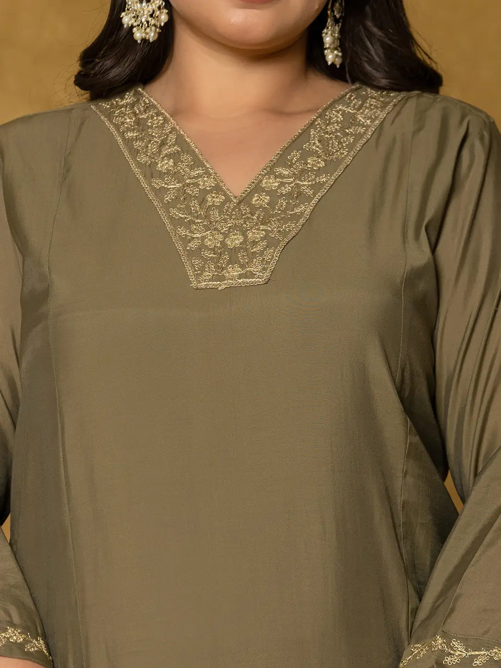 Yufta Olive Green Silk Embroidered Plus Size Kurta Dupatta Set | Grocsy