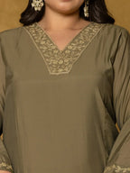 Yufta Olive Green Silk Embroidered Plus Size Kurta Dupatta Set | Grocsy
