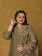 Yufta Olive Green Silk Embroidered Plus Size Kurta Dupatta Set | Grocsy