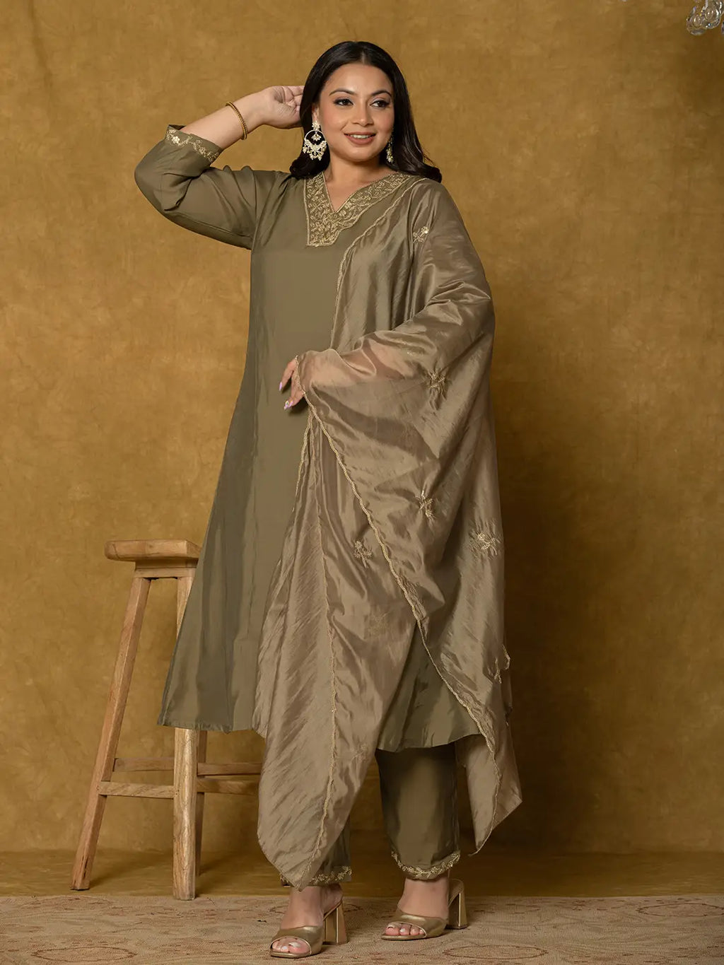 Yufta Olive Green Silk Embroidered Plus Size Kurta Dupatta Set | Grocsy