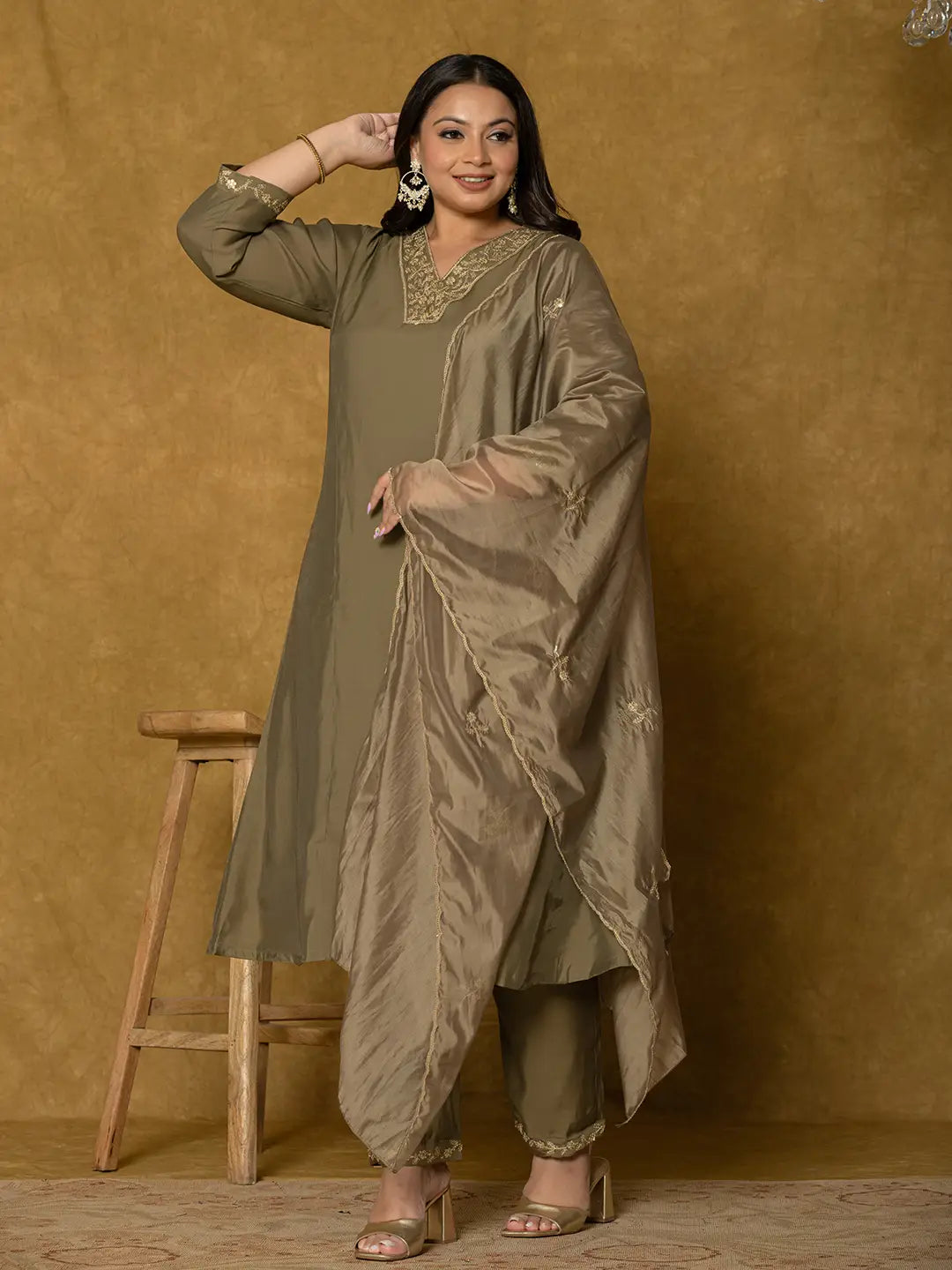 Yufta Olive Green Silk Embroidered Plus Size Kurta Dupatta Set | Grocsy