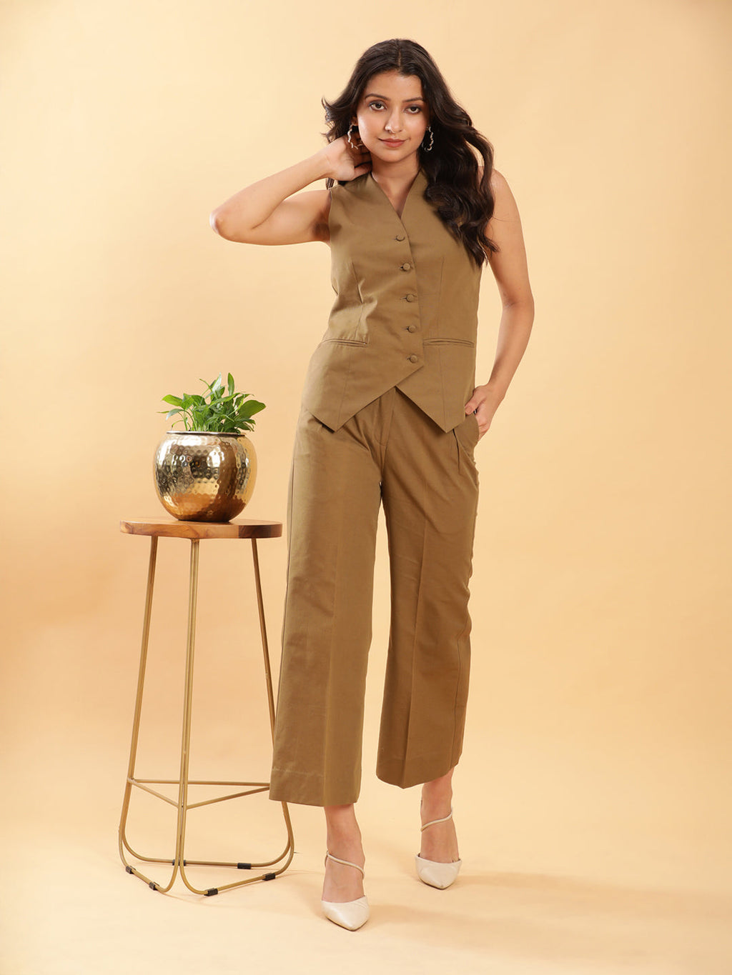 BohoJazz In-action Olive Green Tailored Waistcoat with Trousers Co-ord Set | Grocsy