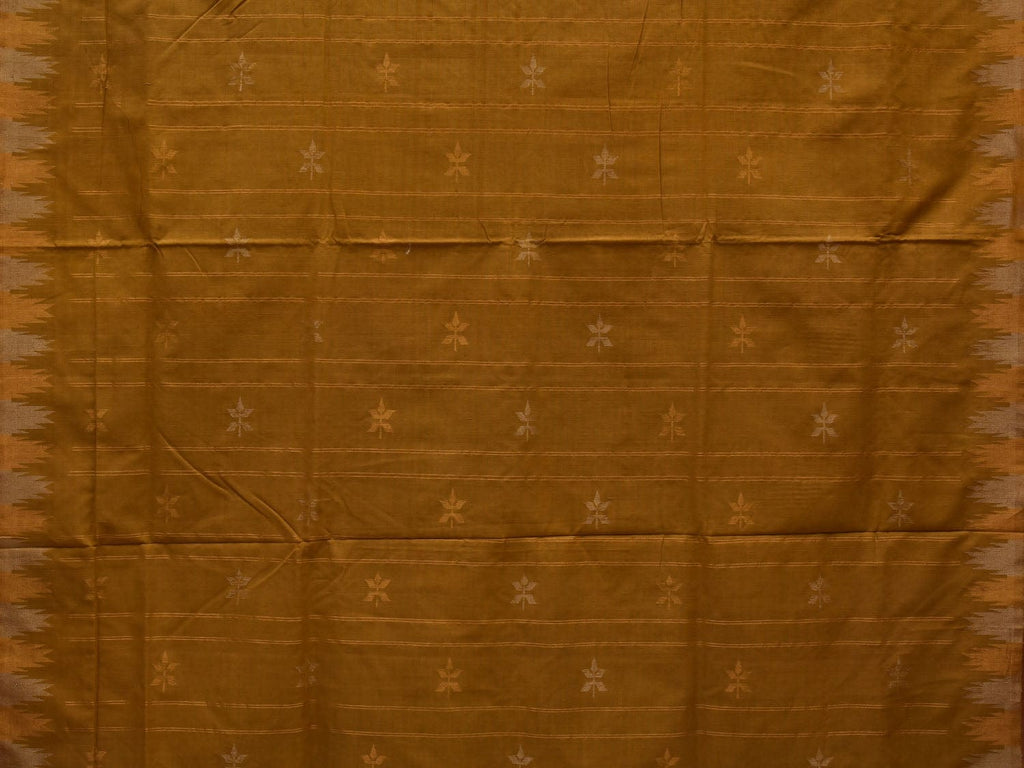 Olive Khadi Cotton Handloom Saree with Temple Border Design - Global Threads | Grocsy