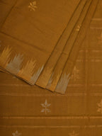 Olive Khadi Cotton Handloom Saree with Temple Border Design - Global Threads | Grocsy