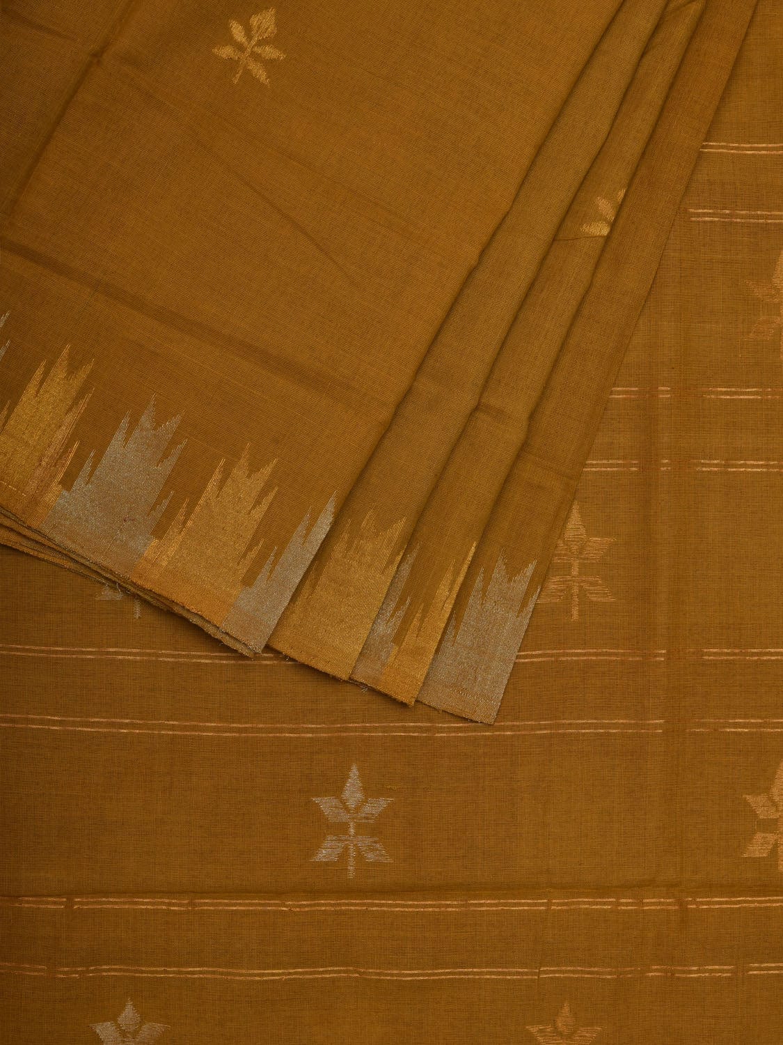 Olive Khadi Cotton Handloom Saree with Temple Border Design - Global Threads | Grocsy