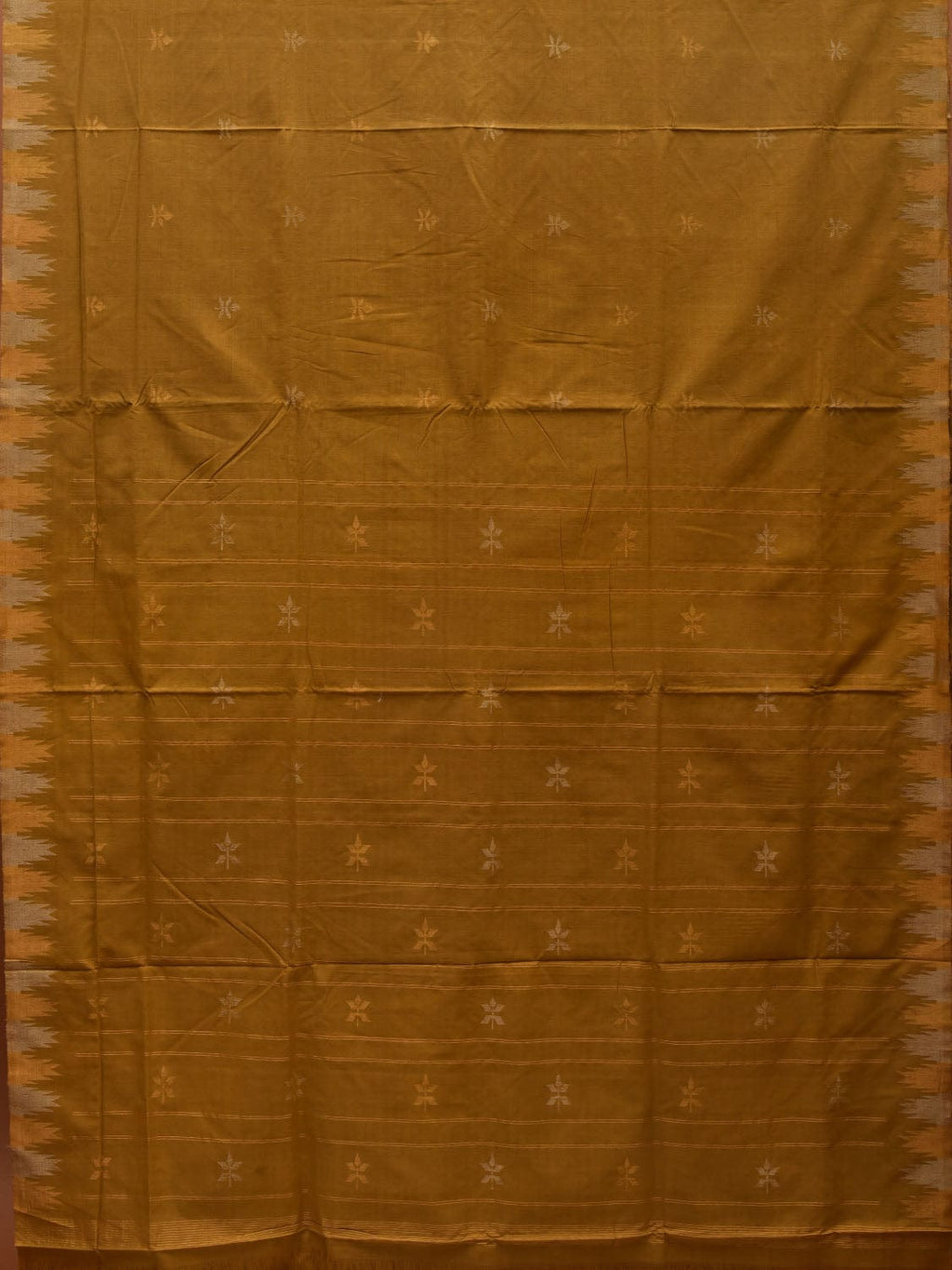 Olive Khadi Cotton Handloom Saree with Temple Border Design - Global Threads | Grocsy