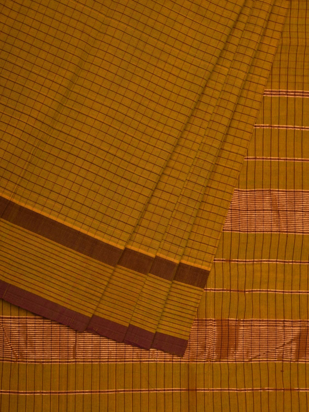 Olive Narayanpet Cotton Handloom Saree with Checks Design - Global Threads | Grocsy