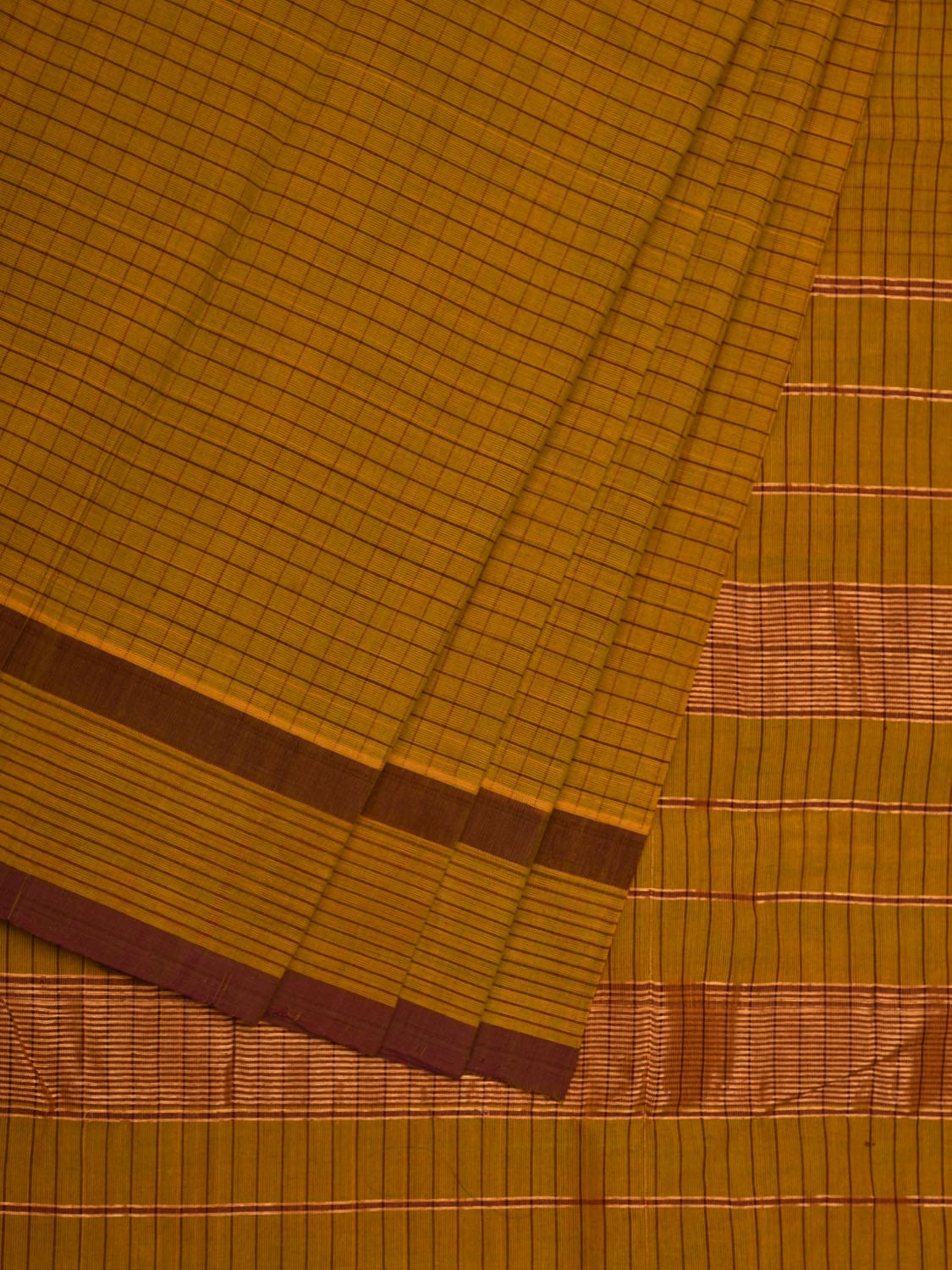 Olive Narayanpet Cotton Handloom Saree with Checks Design - Global Threads | Grocsy