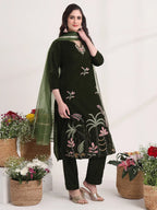Yufta Olive Straight Embroidery Kurta And Trouser With Dupatta Set | Grocsy
