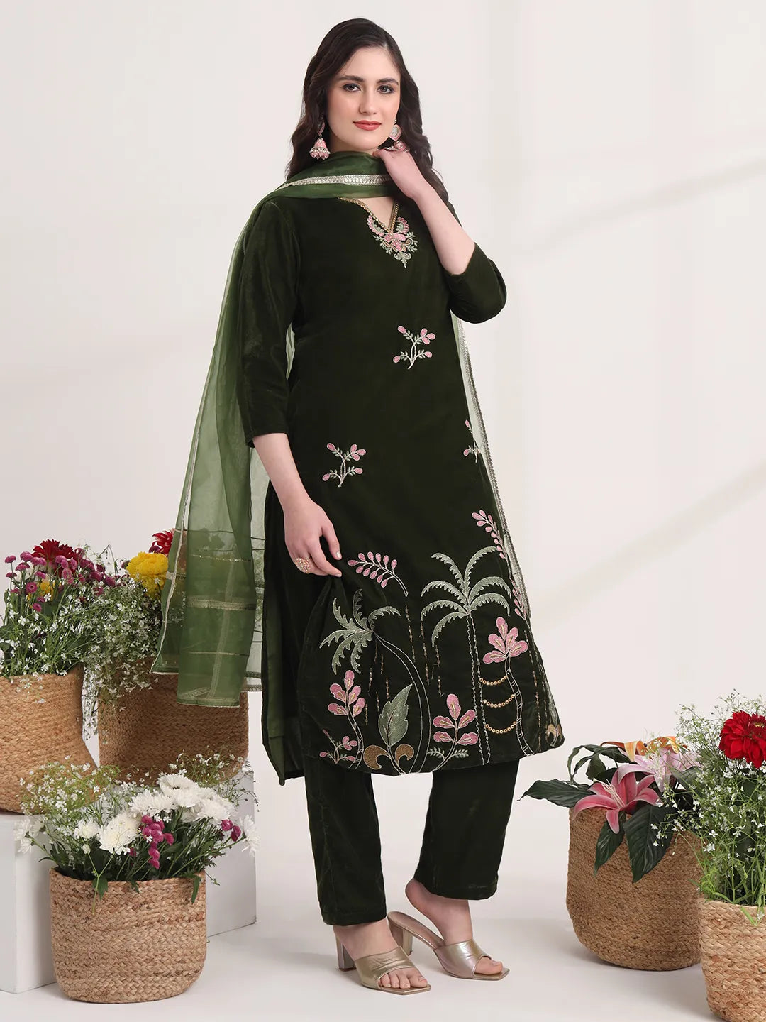Yufta Olive Straight Embroidery Kurta And Trouser With Dupatta Set | Grocsy