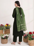 Yufta Olive Straight Embroidery Kurta And Trouser With Dupatta Set | Grocsy