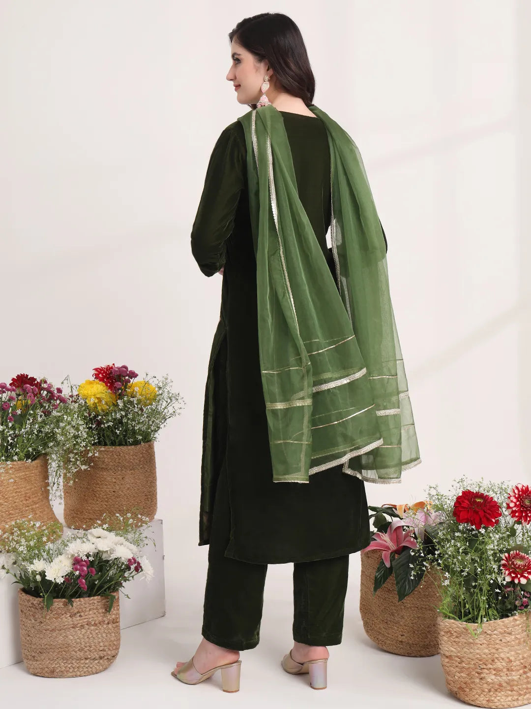 Yufta Olive Straight Embroidery Kurta And Trouser With Dupatta Set | Grocsy
