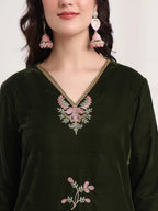 Yufta Olive Straight Embroidery Kurta And Trouser With Dupatta Set | Grocsy