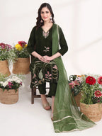Yufta Olive Straight Embroidery Kurta And Trouser With Dupatta Set | Grocsy