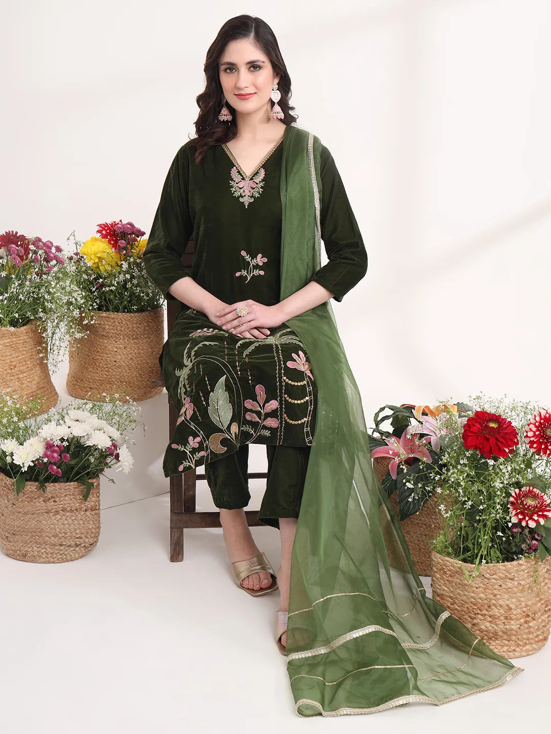 Yufta Olive Straight Embroidery Kurta And Trouser With Dupatta Set | Grocsy