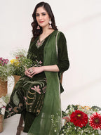 Yufta Olive Straight Embroidery Kurta And Trouser With Dupatta Set | Grocsy