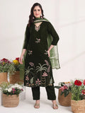 Yufta Olive Straight Embroidery Kurta And Trouser With Dupatta Set | Grocsy
